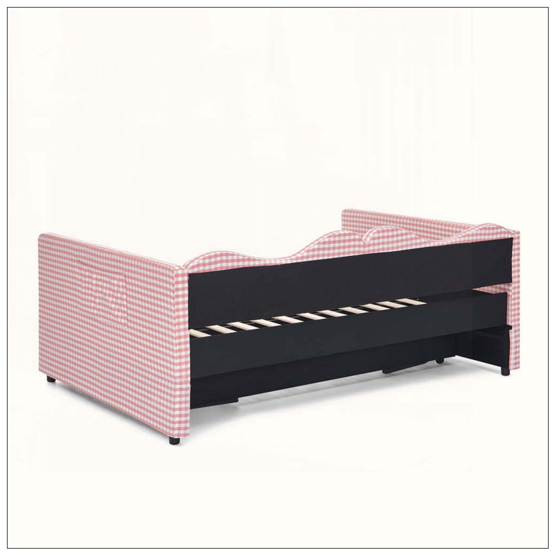 Lit de jour, lit de jour rembourré en vichy équipé d'un cadre de lit gigogne escamotable et d'une poche de rangement latérale, canapé-lit multifonctionnel en bois massif