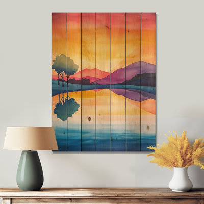 Lake On The Sunset Mountains Horizons II - Coastal Landscape Wooden Wall Art On Natural Pine Wood