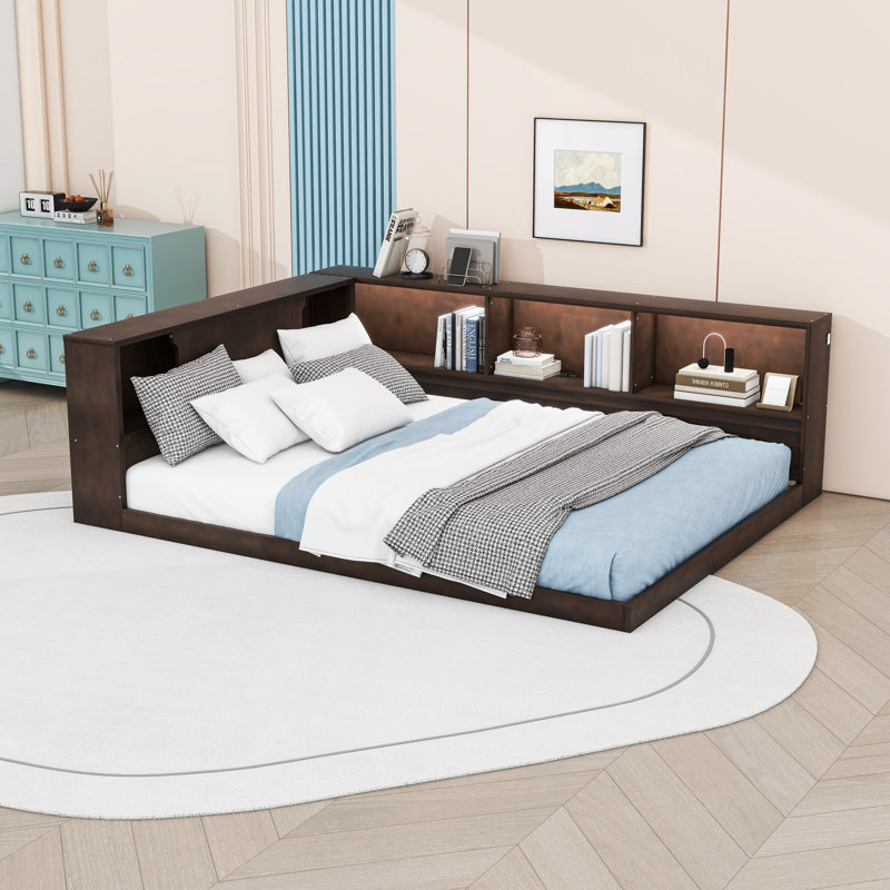 Queen Wooden Daybed with Shelves and Charging Station and LED, Brown