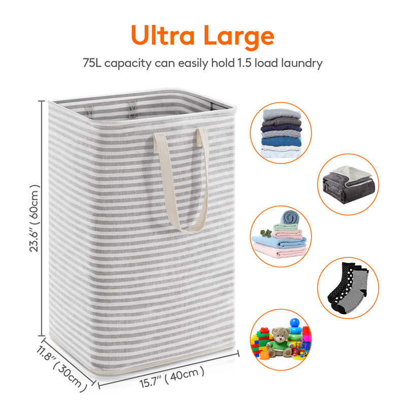 Gray Striped Large Collapsible Laundry Hampers with Handles