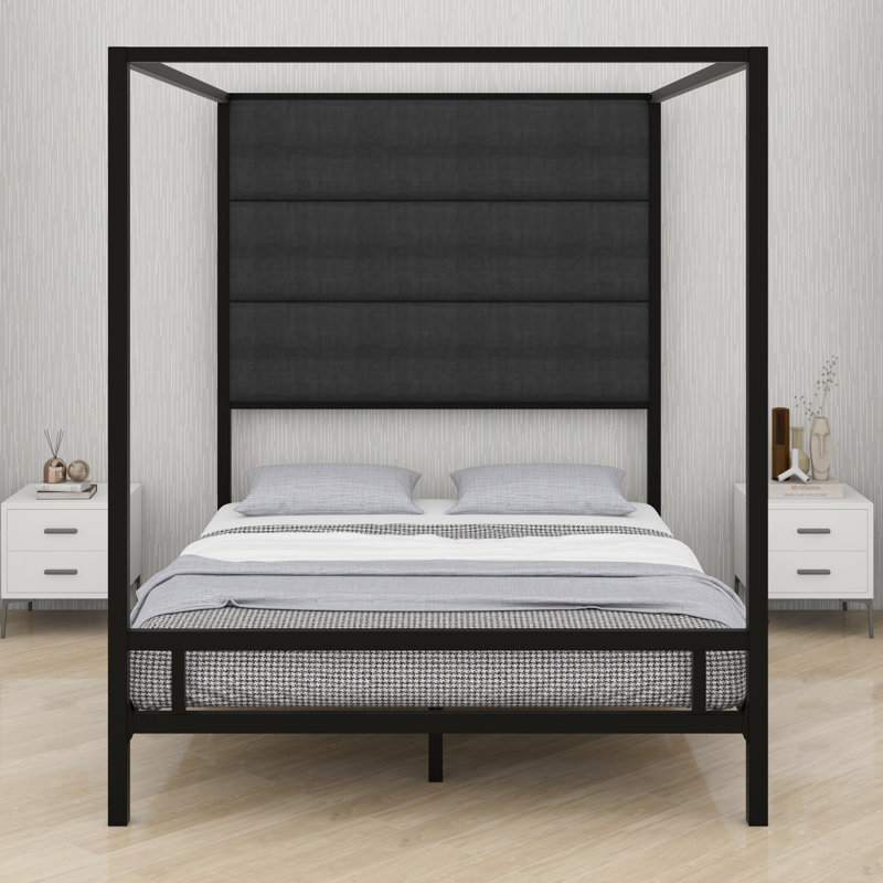 Elegant Canopy Bed Frame, Metal 4-Poster Construction and Modern Tall Upholstered Headboard, Queen, Black,Dark Gray