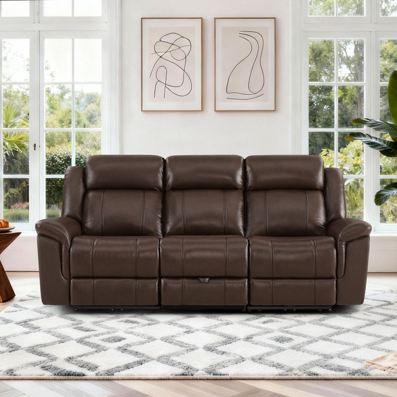 3-Seat Dual Motor zero clearence recliner Genuine Leather Power Recliner Sofa With Power Headrest, Dark Brown