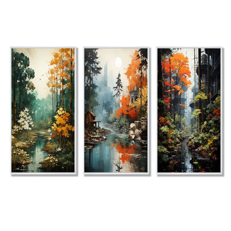 Haneesh - Ensemble de 3 impressions sur toile de forêt, H 28 po x l 36 po, Cadre flottant blanc