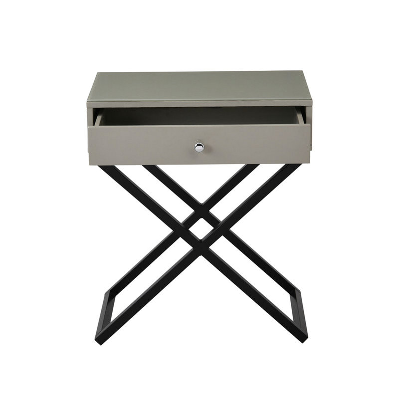 Koraldo 23"W Taupe Wooden End Side Table Nightstand With Glass Top, Drawer And Metal Cross Base, Taupe