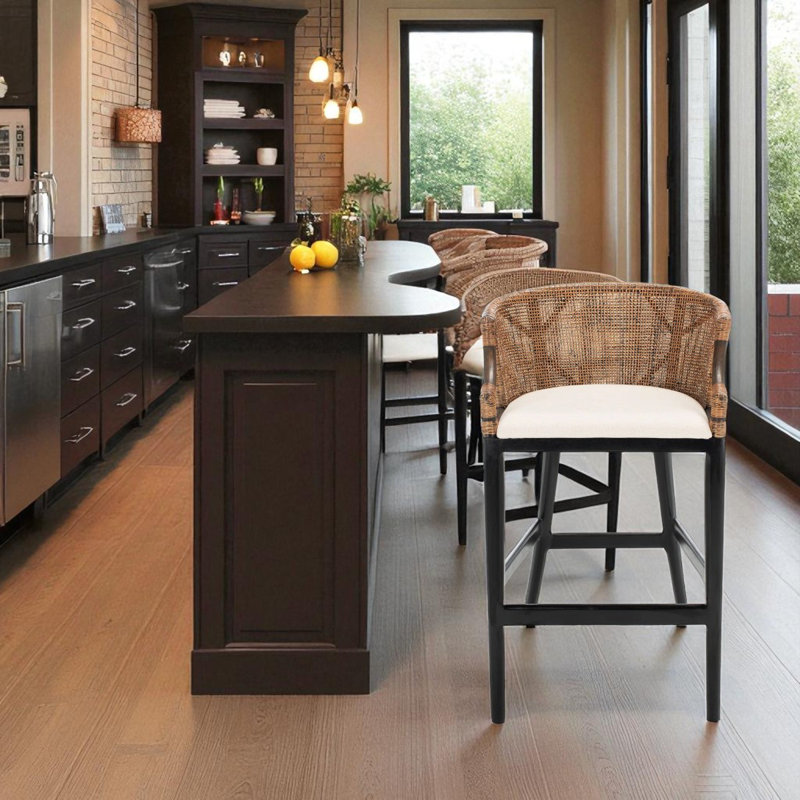 Morency Transitional Bar Stool - Mahogany Frame with Rattan Backrest & Foam Cushion for Home & Bar, White, Black/Brown