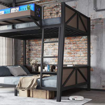 Lit superposé simple avec tablettes de rangement, structure de lit superposé en métal avec lumière DEL et ports USB pour enfants, adolescents