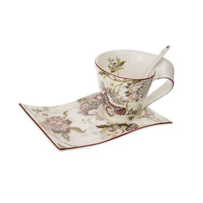 Ensemble de tasse à thé et soucoupes 3 pièces bourgogne fleurs Dyson