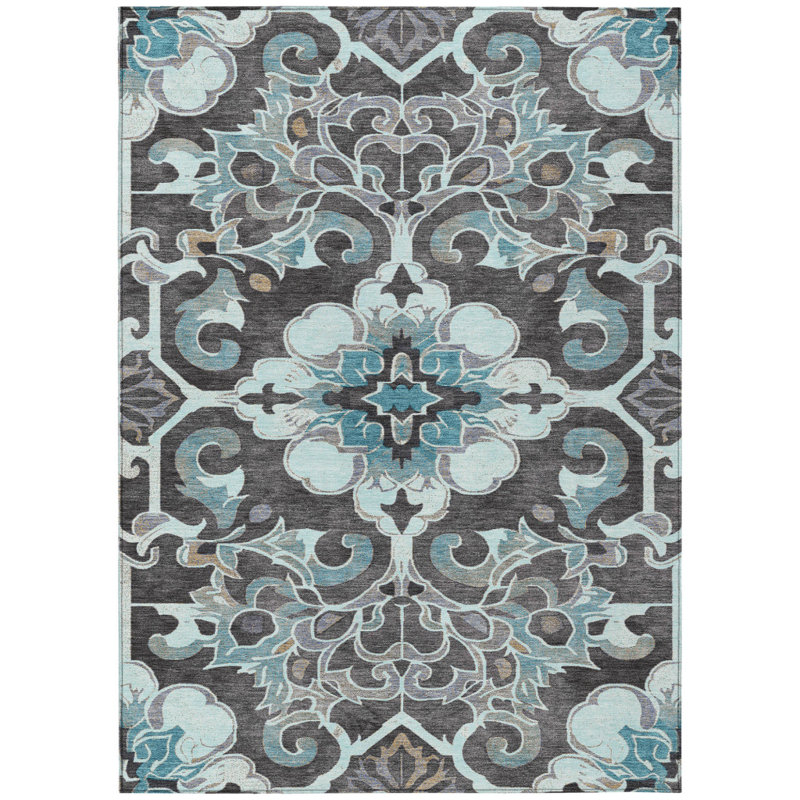 3' X 5' Teal Blue And Charcoal Damask Washable Indoor Outdoor Area Rug