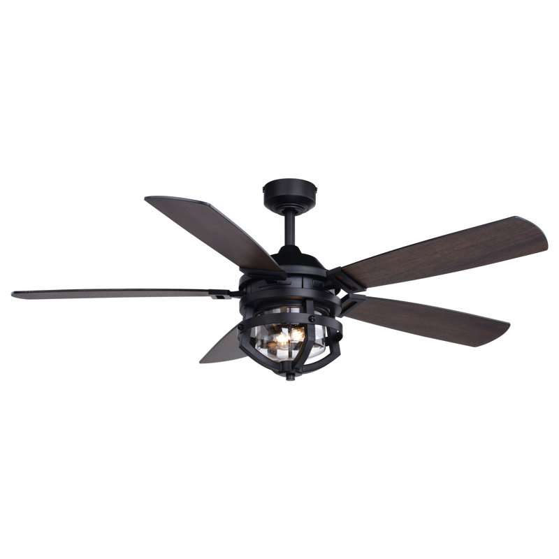 Gil 54 in. Matte Black and Rustic Oak Indoor Outdoor Rod Mount Farmhouse Ceiling Fan with Reversible Driftwood-Black Walnut Blades, Dimmable LED Light Kit and Remote Control Included, 3 Speeds