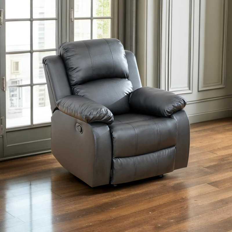 Azuredee 38.5" Wide Black Faux Leather Manual Standard Recliner ArmChair, Black Faux Leather