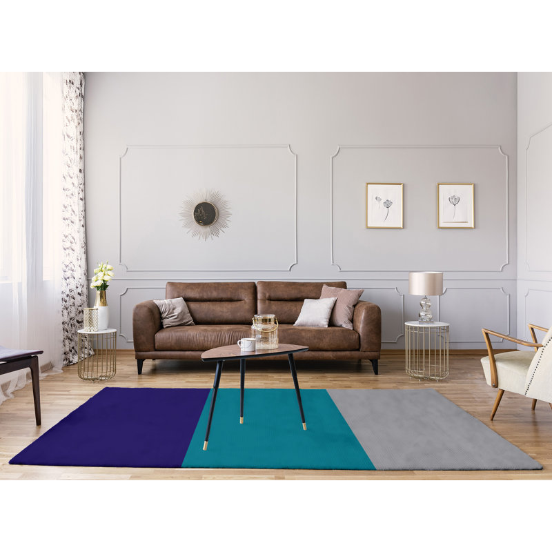 Tapis mauve foncé/bleu/vert/gris rayé, Rectangle 8 pi x 10 pi