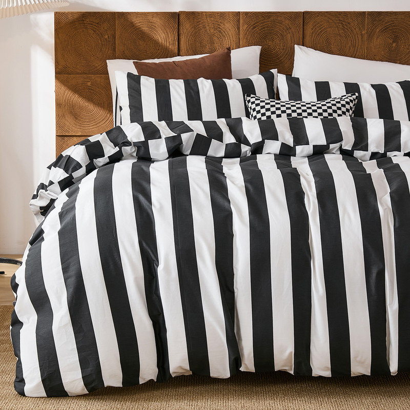 Ensemble d'édredon à rayures noires et blanches pour grand lit - Ensemble d'édredon 100% coton, ensemble de literie 3 pièces en lin de luxe pour toutes les saisons