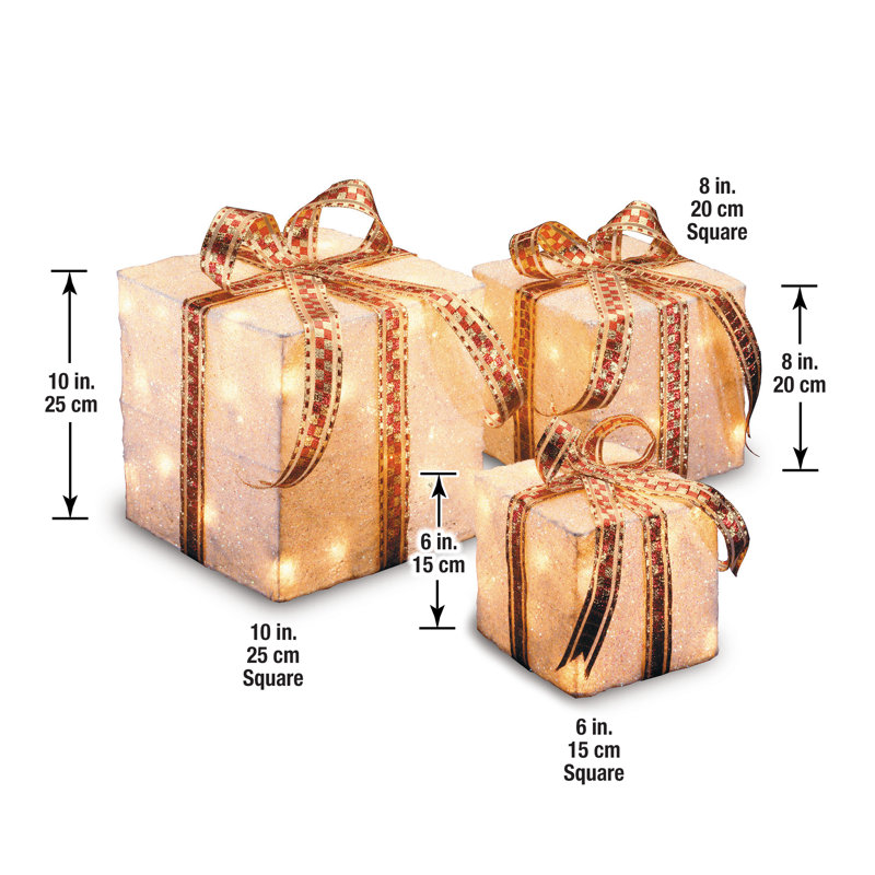 Pre-Lit Sisal Gift Box Assortment, 10.6" H x 10" W x 10" D, White with Gold Bows