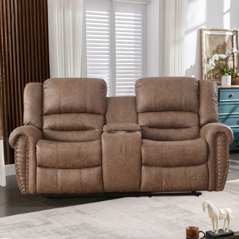 Causeuse inclinable manuelle en similicuir de 76 po de large avec console centrale Margena