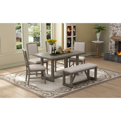 Retro Dining Set,  Rectangular Table With Designed Trestle Base And  Upholstered Chairs And  Bench