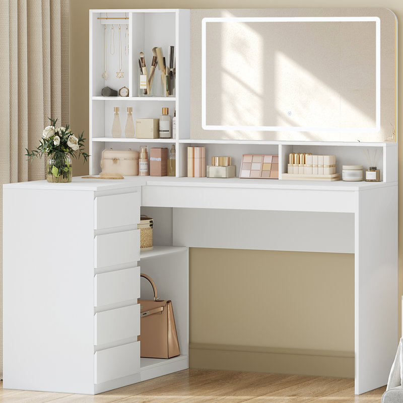 Dressing Table with LED Lighting, Corner Vanity Desk with Large Mirror, 5 Drawers, 7 Open Shelves, Bedroom