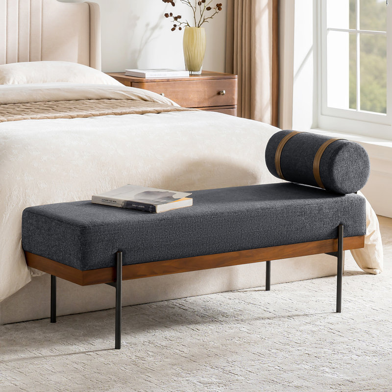 Banc industriel l 48 po avec coussin et structure en bois massif Michalak, Gris anthracite