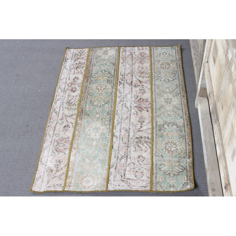 Petit tapis en laine beige à motif patchwork rétro turc pour entrée noué à la main Oushak