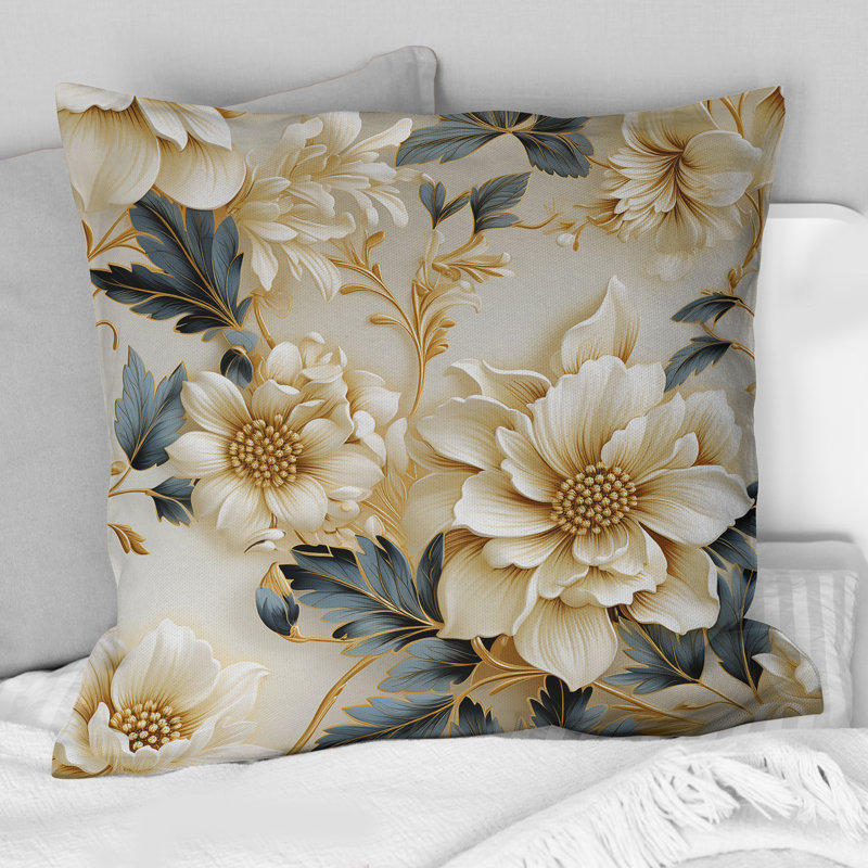 Coussin décoratif en polyester doré blanc et bleu Elegance II, H 16 po x l 16 po