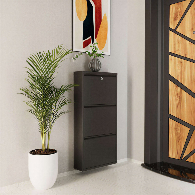 Modern Shoe Cabinet, 100% Metal, Anthracite Color, 19.7 x 40.6 x 5.9 inches | Thickness: 0.03 inches | Wall Mountable, Centrally Opening Doors with Magnetic Holders | Stylish Storage Solution for Any Entryway