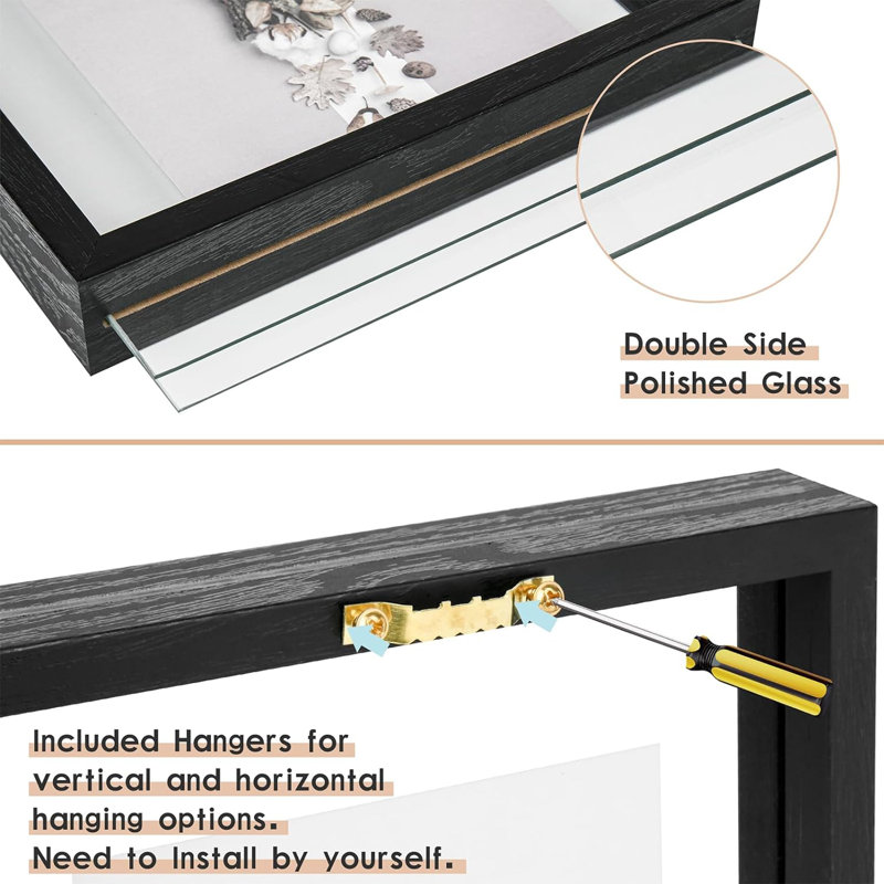 Ensemble de 2 cadres flottants, double vitrage, fixation murale ou sur table, Noir