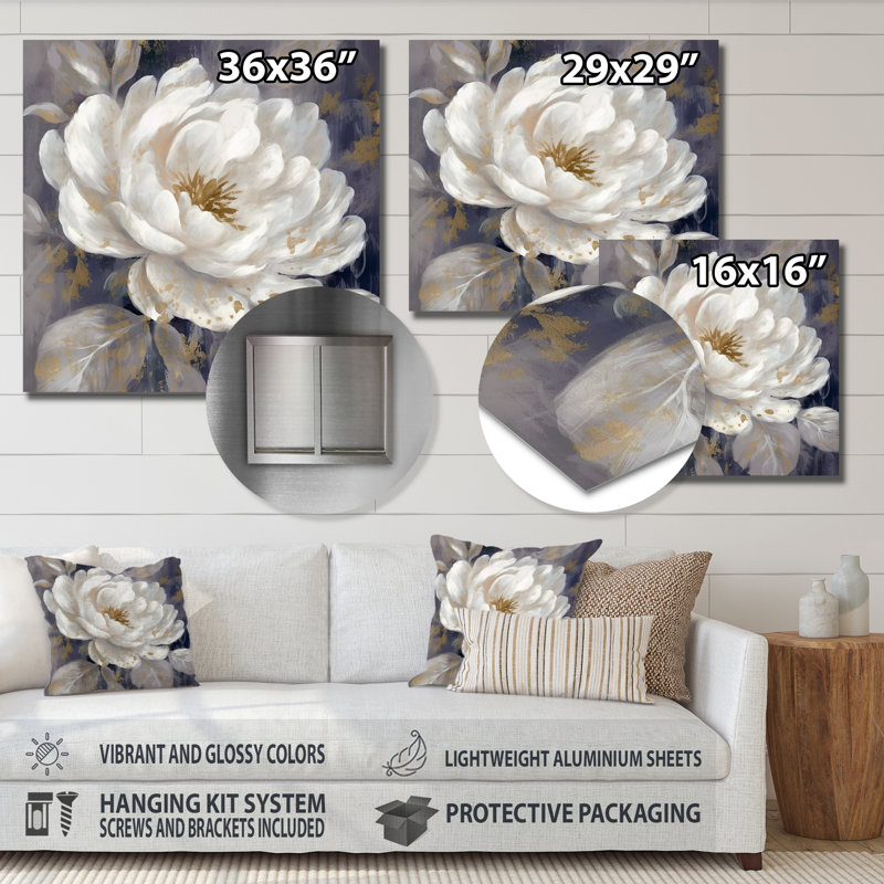 Émotion de pivoine blanche et bleue III sur impression métallique, H 16 po x l 16 po x P 1 po