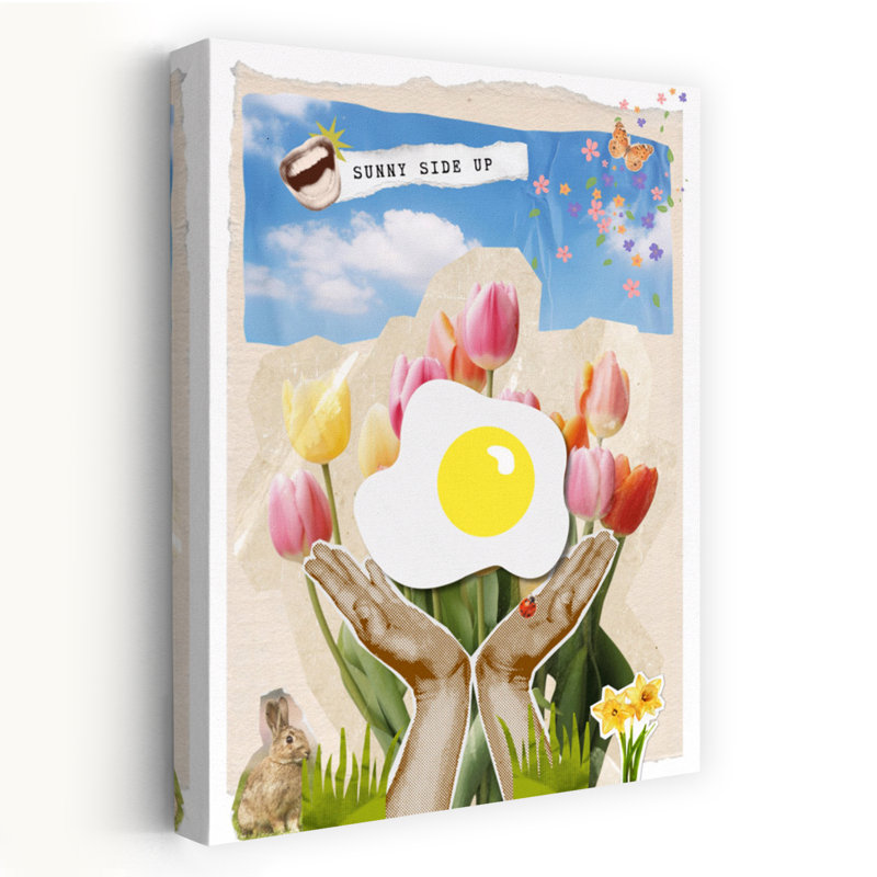 «Sunny Side Up Spring», impression colorée, fantaisiste, papillon, coccinelle, jonquille, printemps, art mural, 18" H x 12" W