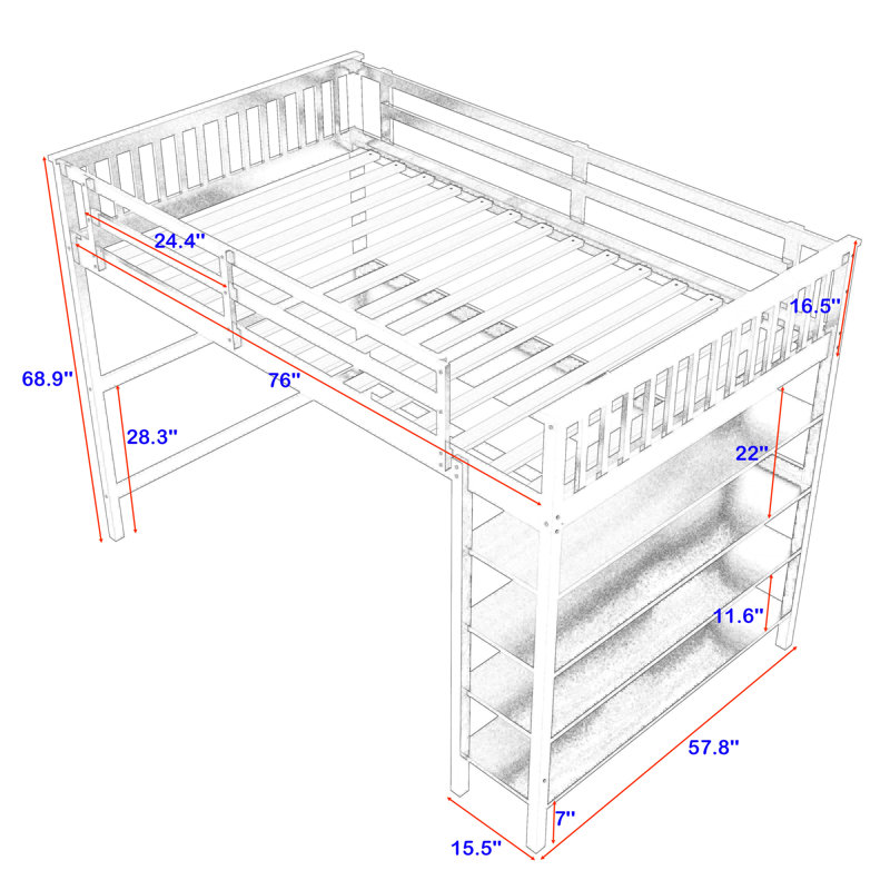 Lit mezzanine double en bois avec tablettes et bureau, gris