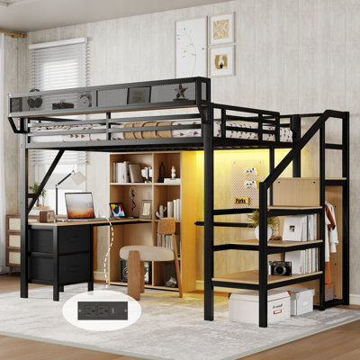 Lit mezzanine Everly en métal avec bureau, station de recharge, étagères de rangement et éclairage DEL pour enfants et adolescents