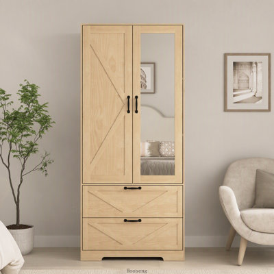 Armoire 2 portes en bois avec tringle, 2 tiroirs, lumière à induction et miroir, naturel