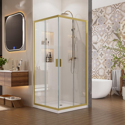 Cabine de douche d'angle 34 po x 34 po x 76 po, porte de douche coulissante double avec verre trempé 1/4 po facile à nettoyer, conception peu encombrante