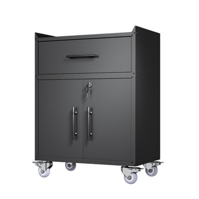 Armoire à outils 2 portes et 1 tiroir, armoire de rangement verrouillable en métal avec roulettes, H 35,4 x l 30,3 x P 18