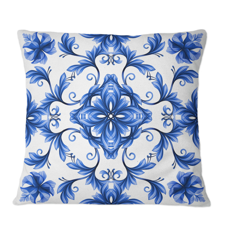 Motif floral abstrait à motif floral abstrait bleu et blanc, 16 po x 16 po
