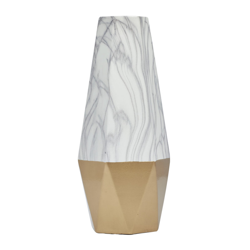 Ceramic Faux Marble Decorative Vase with Base, 18" H x 7" W x 7" D, White/Gold