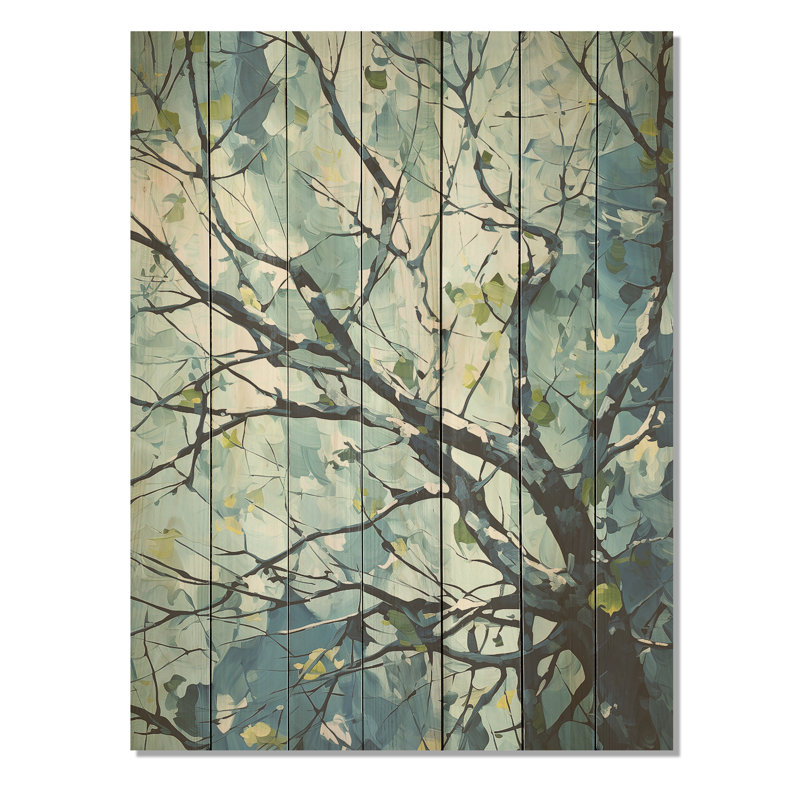 Arbre de tilleul bleu printemps - impression sur bois, H 20 po x l 10 po