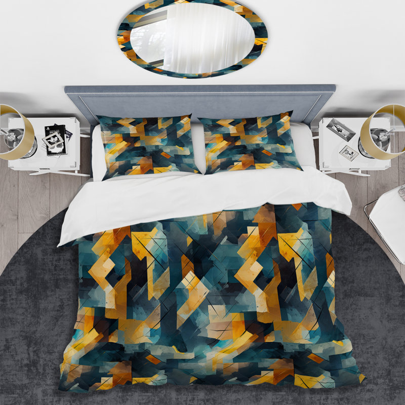 Literie géométrique beige et bleue I, Housse de couette pour grand lit et 2 taies décor