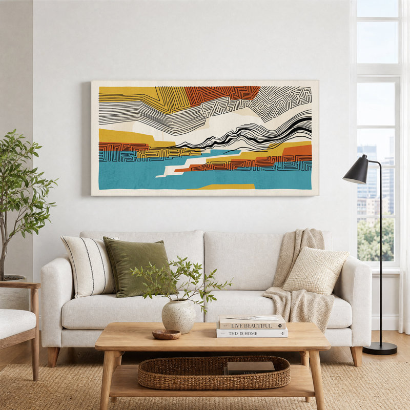 Tableau abstrait géométrique paysage sur toile jaune moutarde et turquoise, L 40 po x H 20 po