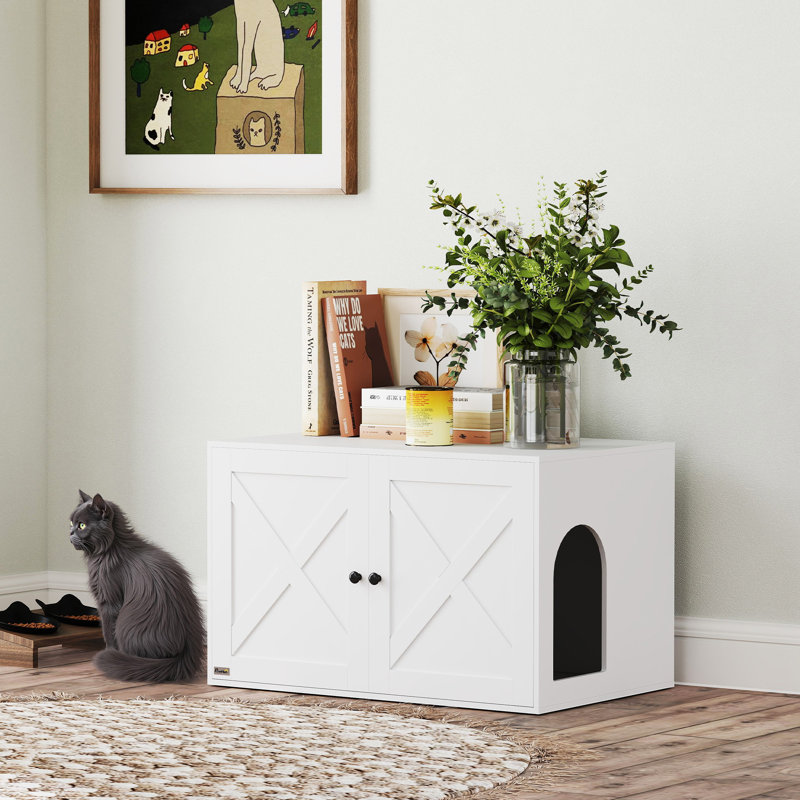 Enceinte de litière pour chat avec porte de grange, trou pour chat, 31,5 po x 21 po x 20 po, blanc