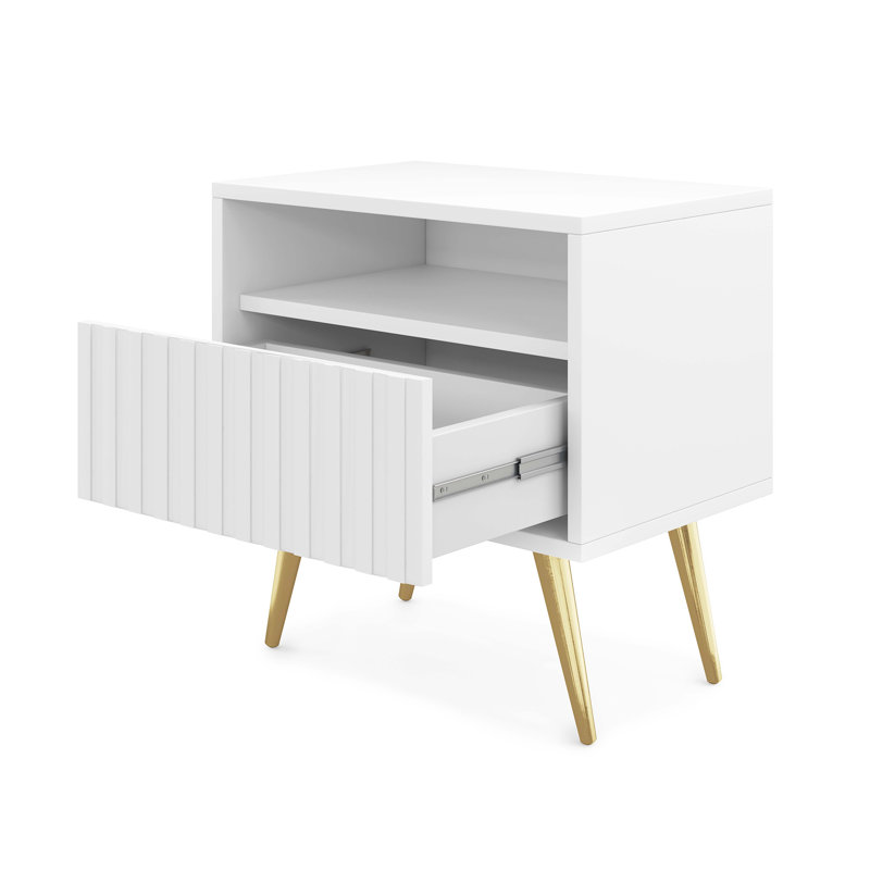 Hodgskin 47cm W Manufactured Wood Bedside Table, White/Gold