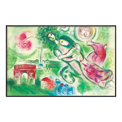 Impression sur toile encadrée, "Roméo et Juliette" par Marc Chagall, art mural pour le salon, décorations de bureau à domicile (cadre en bois mince, 16 po x 24 po)