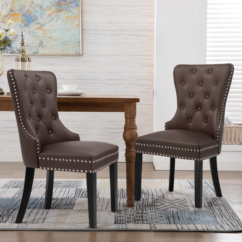 Brown Faux Leather Upholstered Side Chair with Wood Legs, Set of 2