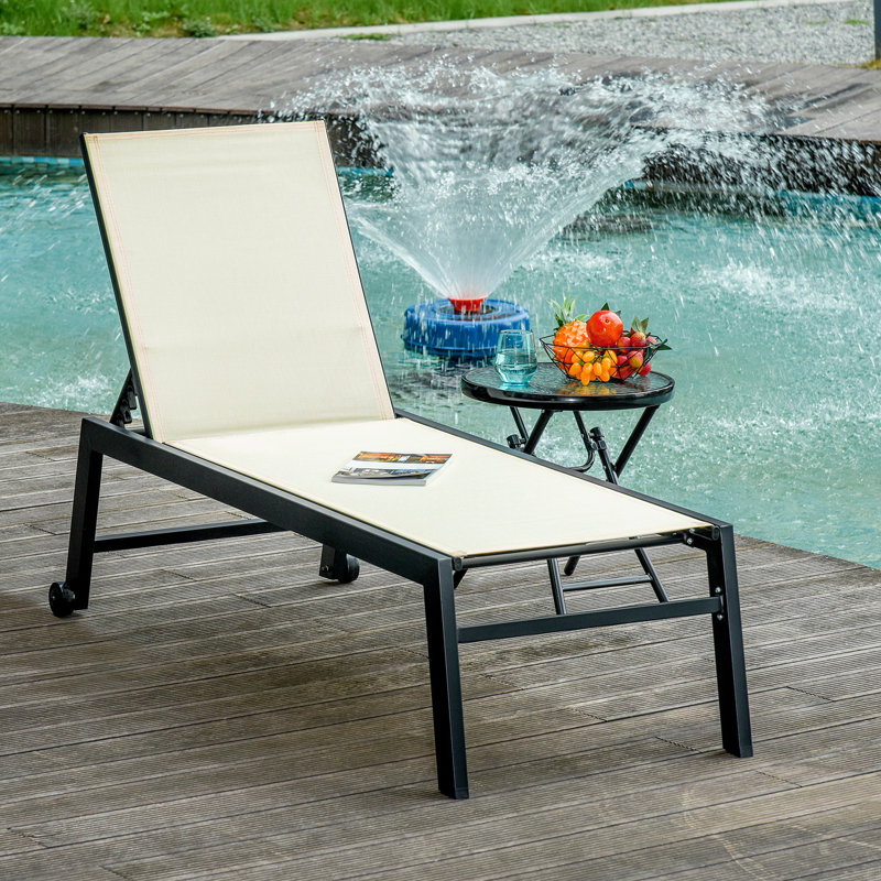 Outdoor Lounge Chair, Patio Lounger With 5-Position Reclining Backrest And 2 Wheels, White