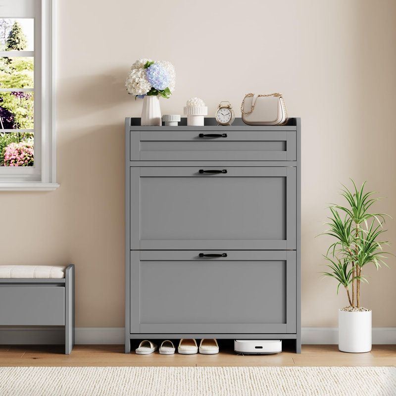 Shoe Cabinet with 2 Flip Drawers & 1 Top Drawer, Wooden Shoe Organizer Cabinet with Adjustable Shelf, Freestanding Shoe Storage Cabinets