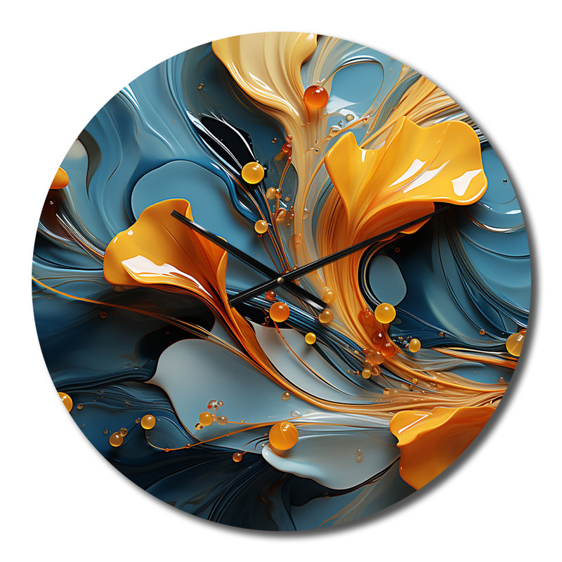 Horloge murale moderne en métal à feuilles orange flottant sur une vague bleue, Moyenne