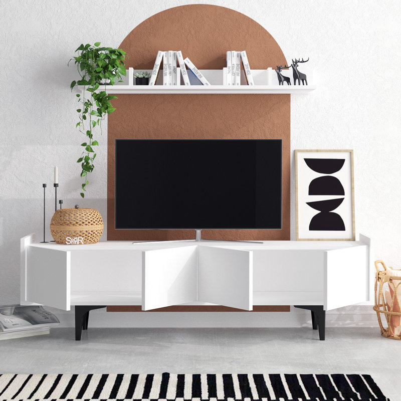 Elegant TV Unit with Wall Shelf, White Finish, 59.1 x 22.4 x 15.7 inches | 100% Melamine Coated Particle Board, Antibacterial Design | Traditional Style, Easy Assembly, Perfect for Living Room & Entertainment Spaces