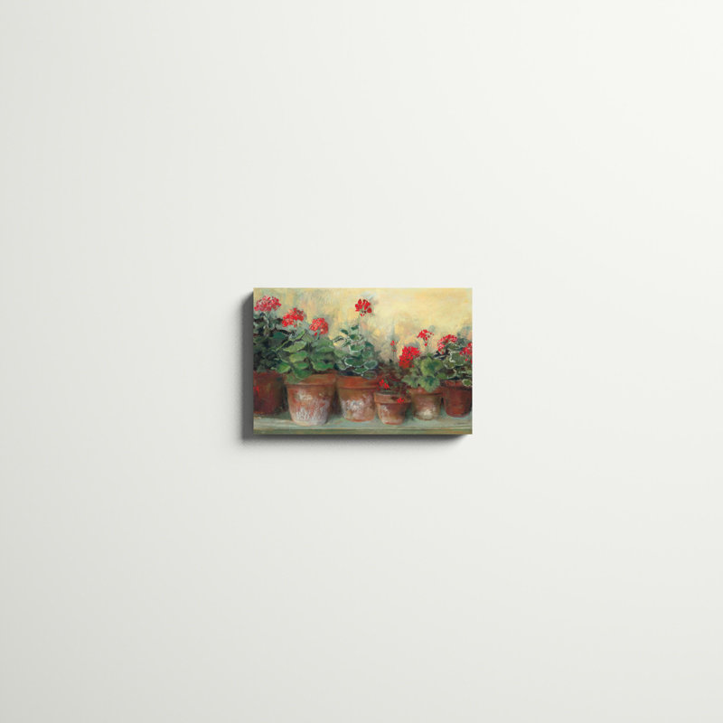 Kathleens Geraniums par Carol Rowan, reproduction d'art sur toile tendue, H 12 po x l 18 po, Oui, Imprimé à cadre argenté
