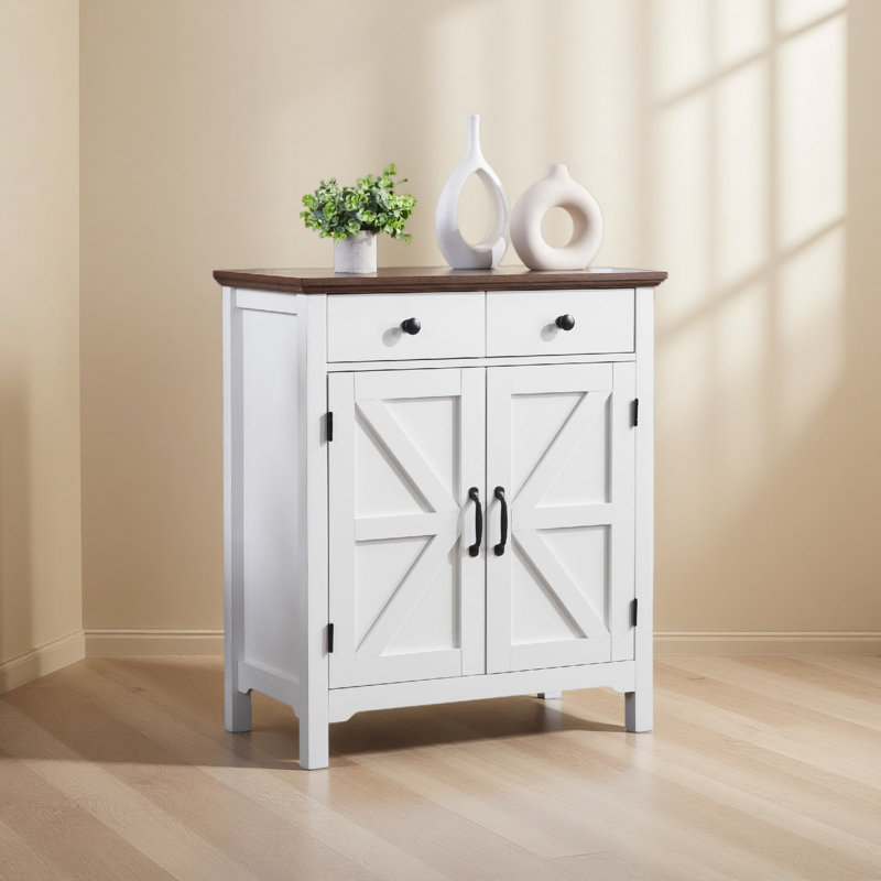 Buffet Farmhouse avec tiroir et tablette réglable, armoire de rangement rustique blanc et brun miel, buffet d'appoint de porte de grange pour cuisine