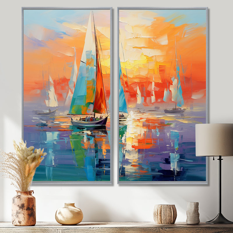 Voilier abstrait Coastal Symphony II - grand bateau à voile, art mural, H 32 po x l 32 po, Impression encadrée flottante