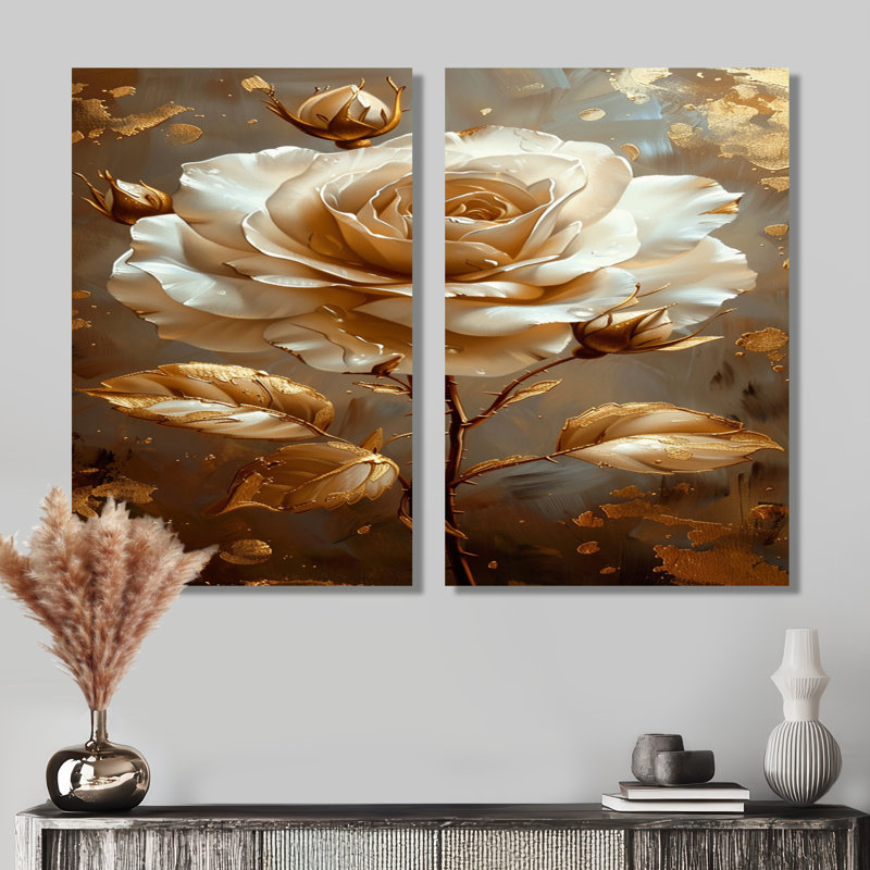 «Gilded White Rose Golden Glam Leaves», art mural encadré rose, impression sur toile florale blanche 2 panneaux, Toile tendue