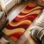Tapis de couloir de cuisine moderne et abstrait, motif de vagues rétro rouge-orange et jaune, long tapis antidérapant pour la cuisine, le couloir, la salle de lavage et le vestibule